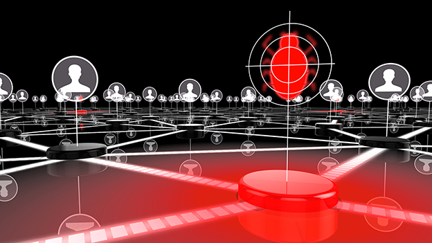 Dark network with glowing red node targeting a bug information security 3D illustration