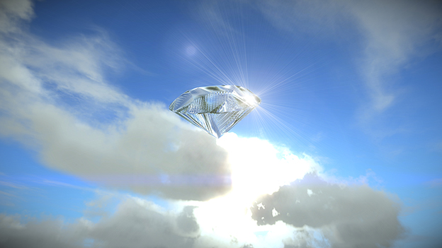 Diamant schwerelos vor blauem Himmel mit Spiegelung III