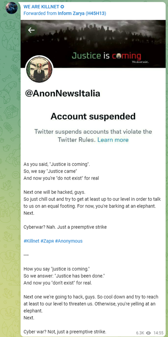 Killnet’s vindictive action against Anonymous Italia